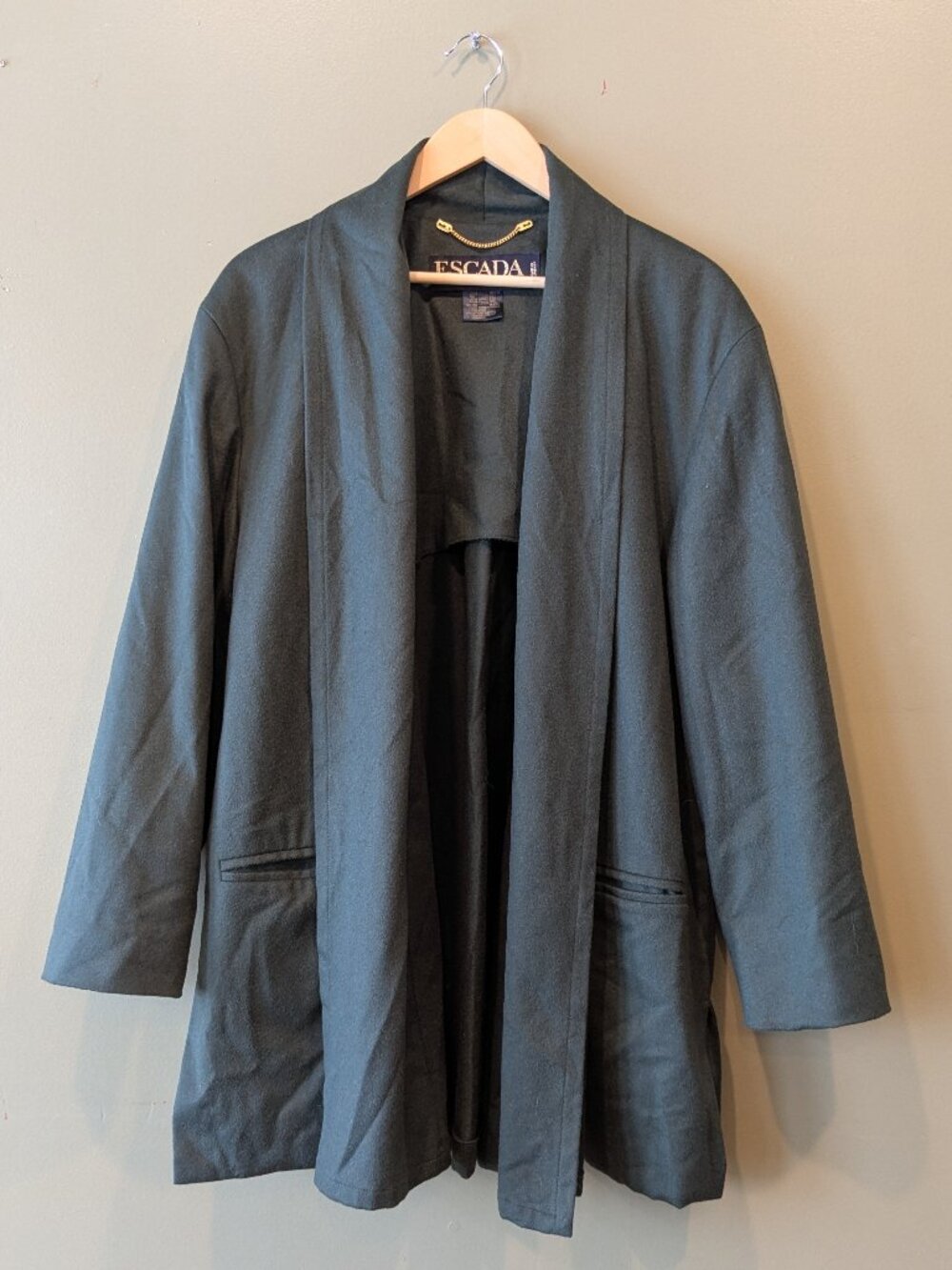 Vintage Escada Wool Cashmere Coat Womens 42 US Large XL Dark Forest Green Jacket